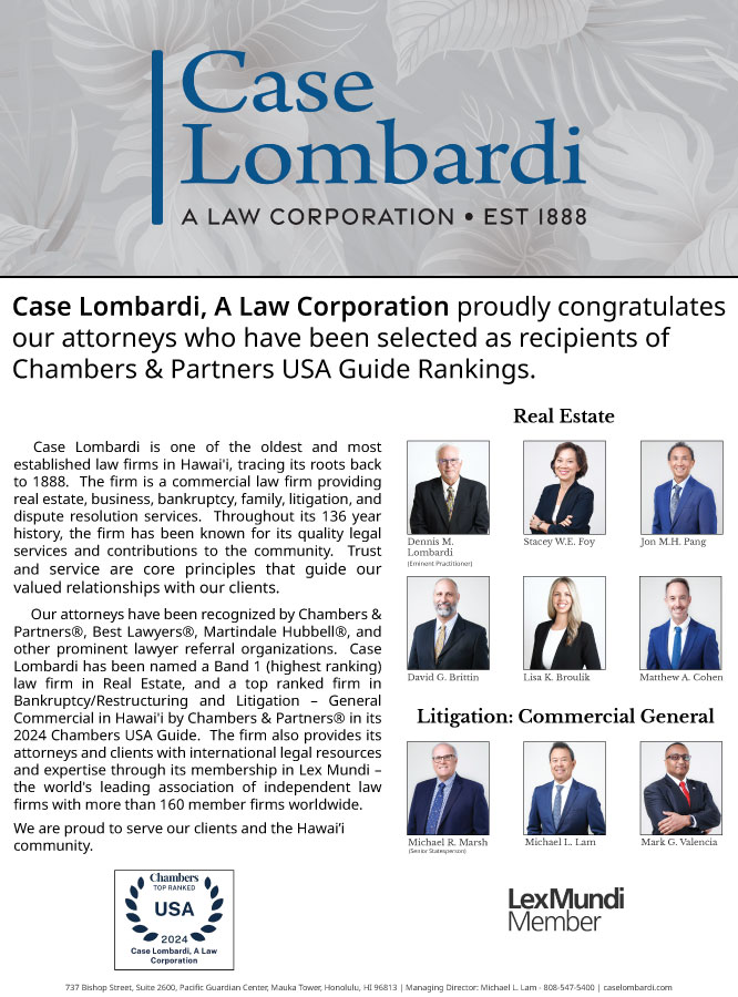 image of full-page ad for case lombardi, a law corporation used in pacific business news.